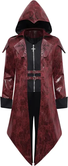Men's Steampunk PU Leather Jacket with Hood - Gothic Victorian Vampire Coat Medieval Adjustable Tailcoat Gear