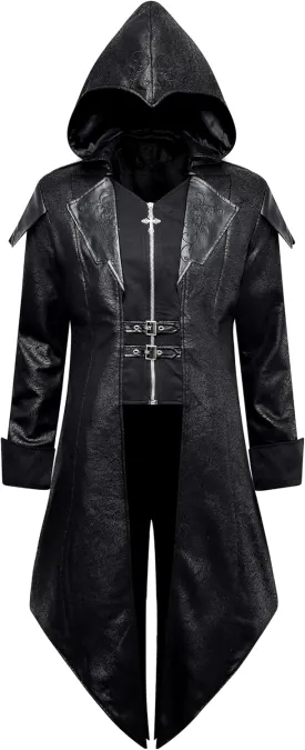 Men's Steampunk PU Leather Jacket with Hood - Gothic Victorian Vampire Coat Medieval Adjustable Tailcoat Gear