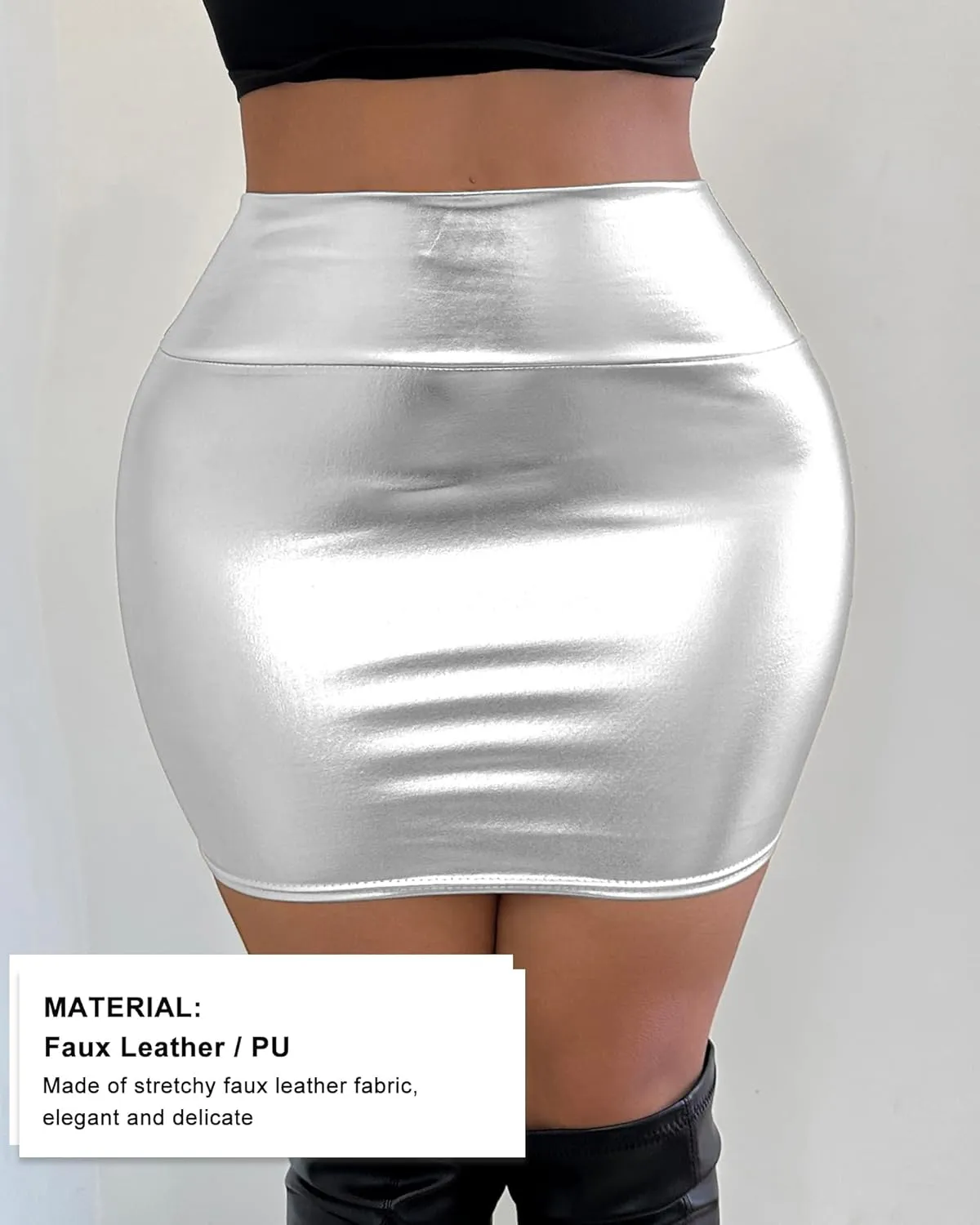 Metallic Bodycon Mini Skirt - High Shine Silver Party Wear, Liquid Sexy Tight Pencil Skirt for Women