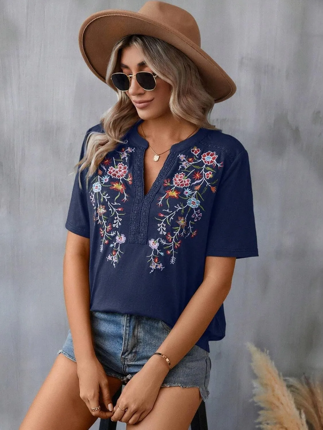 Mexican Shirts for Women Embroidered Tops Traditional Summer Blouse Floral Tunic V Neck Short Sleeve T Shirt