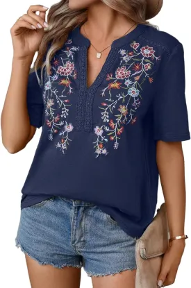 Mexican Shirts for Women Embroidered Tops Traditional Summer Blouse Floral Tunic V Neck Short Sleeve T Shirt