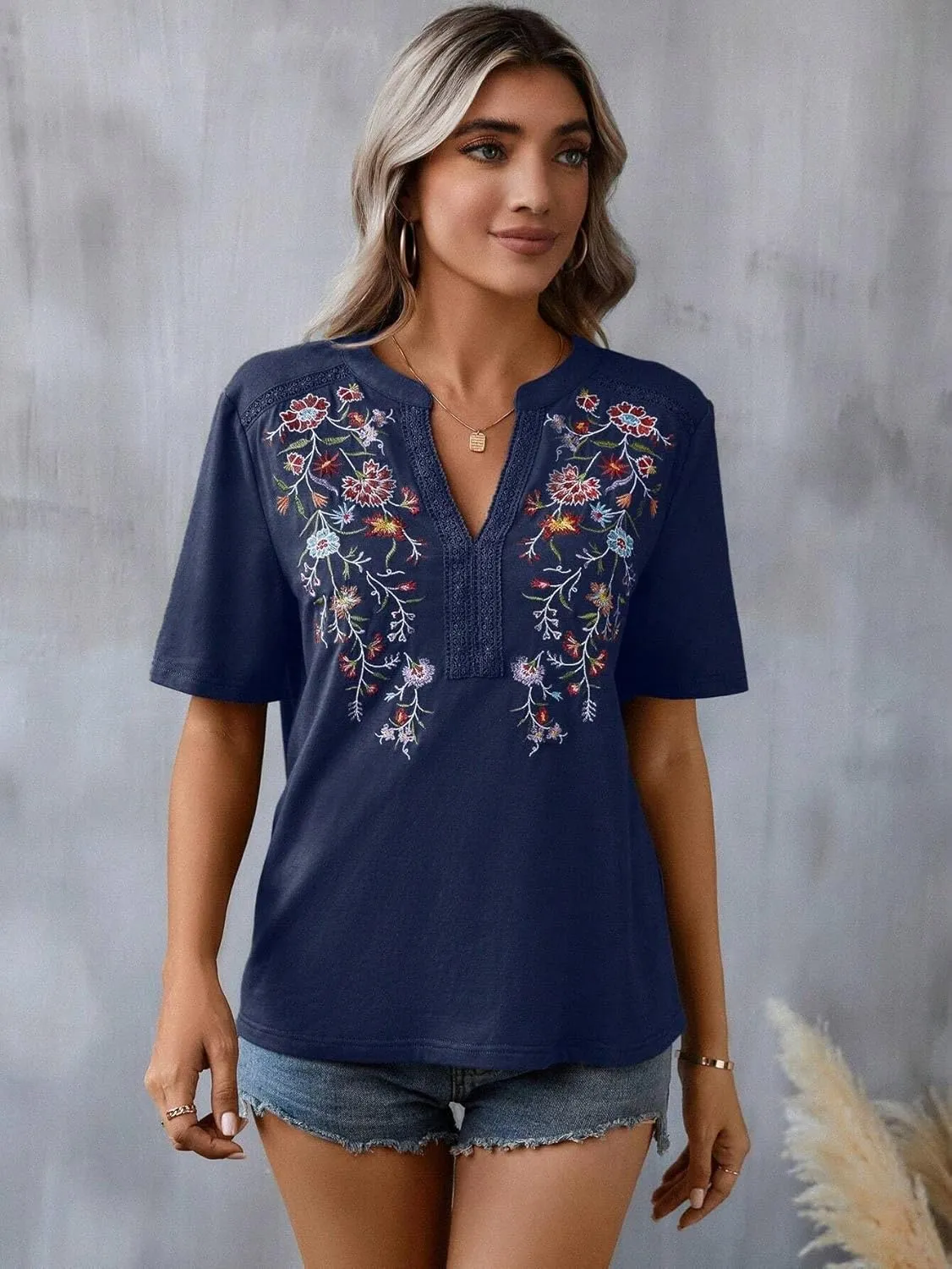 Mexican Shirts for Women Embroidered Tops Traditional Summer Blouse Floral Tunic V Neck Short Sleeve T Shirt