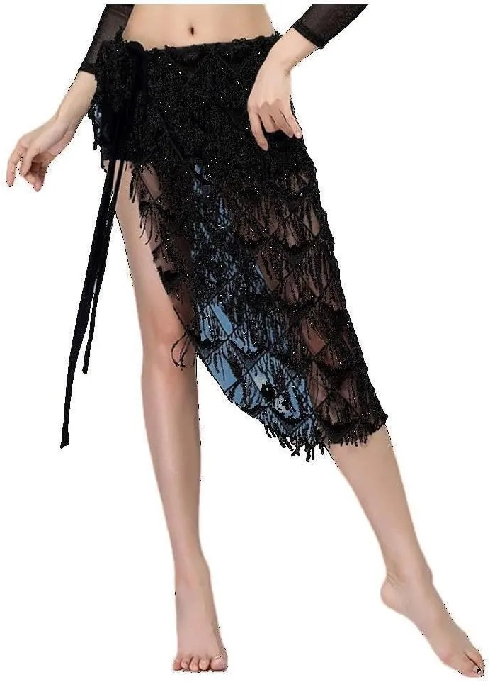 MUNAFIE Hip Scarf for Belly Dance Folk Dance Halloween Costume Tribal Dance Skirt with Sequin Tassel