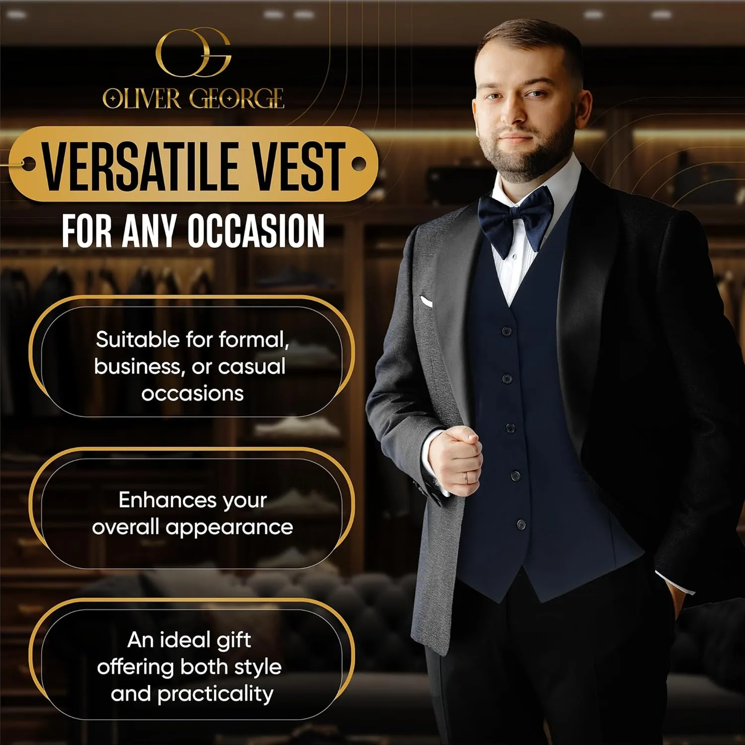 Oliver George Men's Solid Formal Business Dress Vest Waistcoat Vest for Suit or Tuxedo
