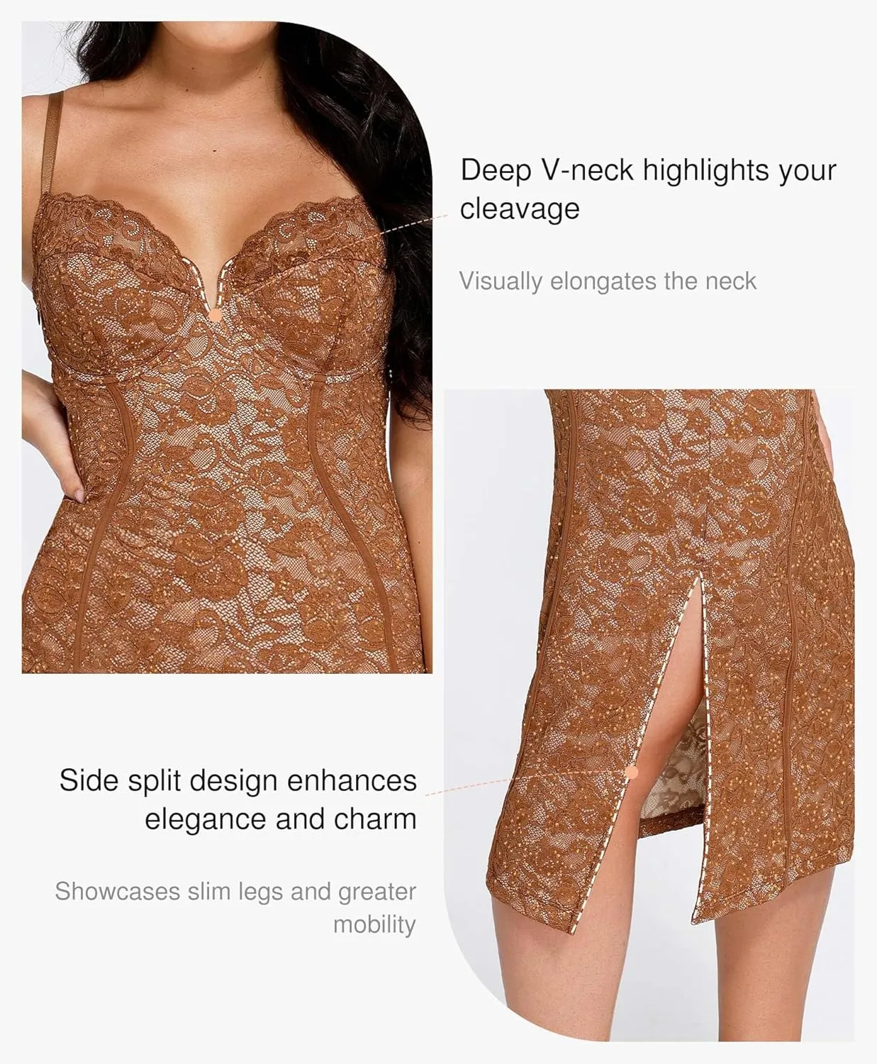 Popilush Lace Cocktail Dresses for Women - Formal Party Corset Shapewear Dress Deep V Neck Midi Dress with Side Slit