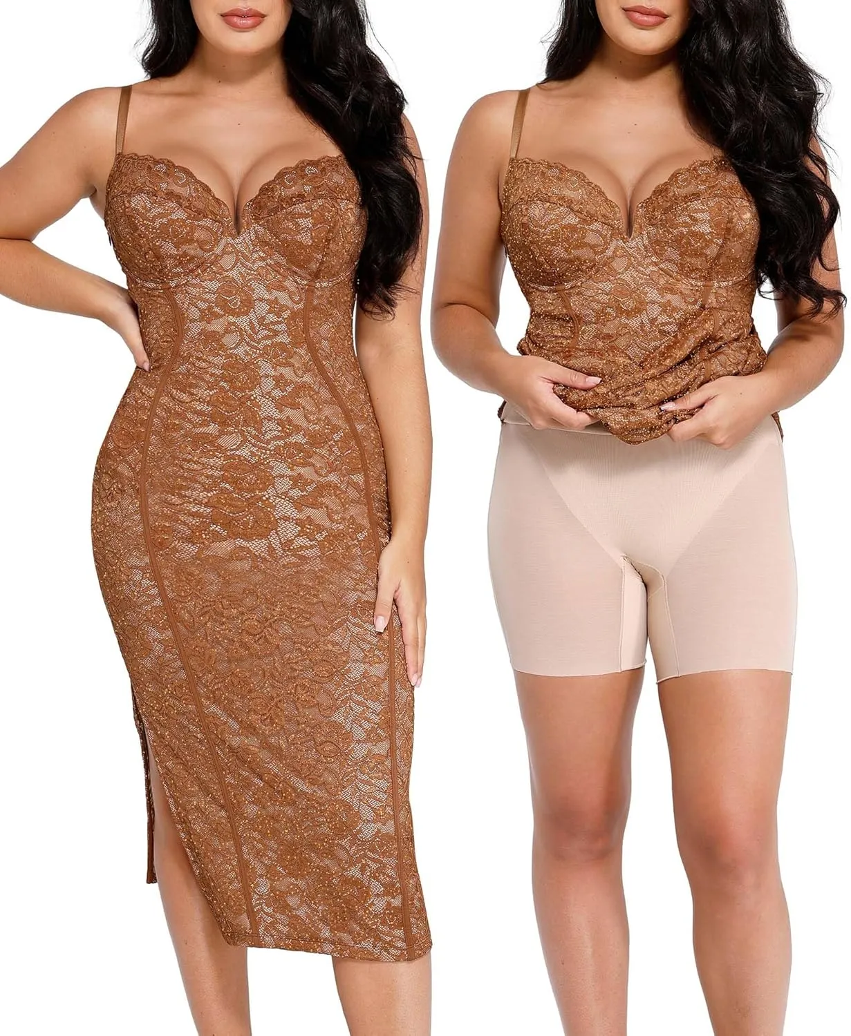 Popilush Lace Cocktail Dresses for Women - Formal Party Corset Shapewear Dress Deep V Neck Midi Dress with Side Slit