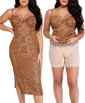 Popilush Lace Cocktail Dresses for Women - Formal Party Corset Shapewear Dress Deep V Neck Midi Dress with Side Slit