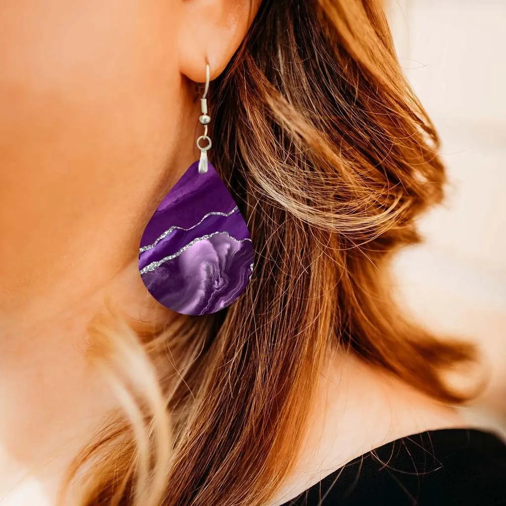 Purple Earrings for Women Dangle Teardrop Gift for Mom Grandma Handmade from The Painted Pug Double Side Image (Lg Purple Silver Teardrop)