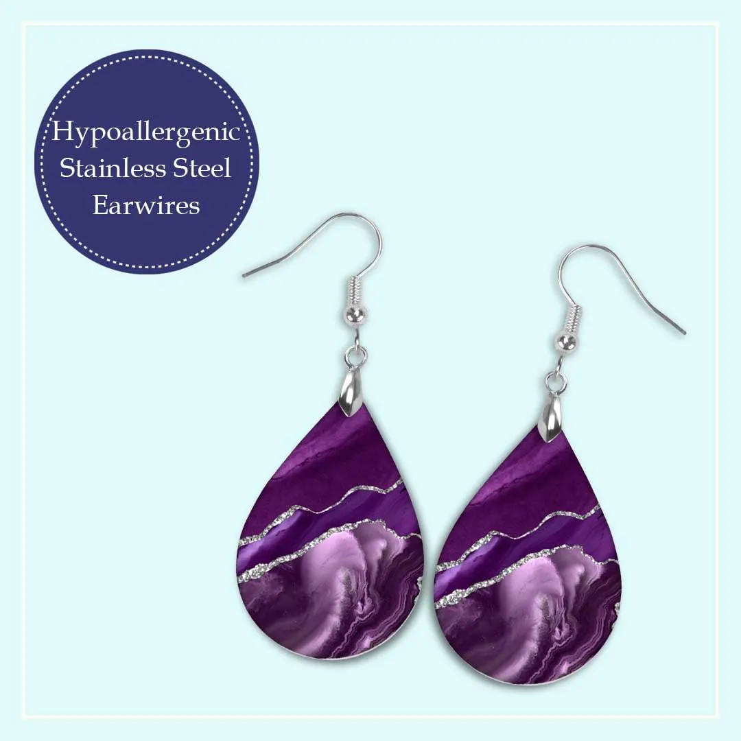 Purple Earrings for Women Dangle Teardrop Gift for Mom Grandma Handmade from The Painted Pug Double Side Image (Lg Purple Silver Teardrop)