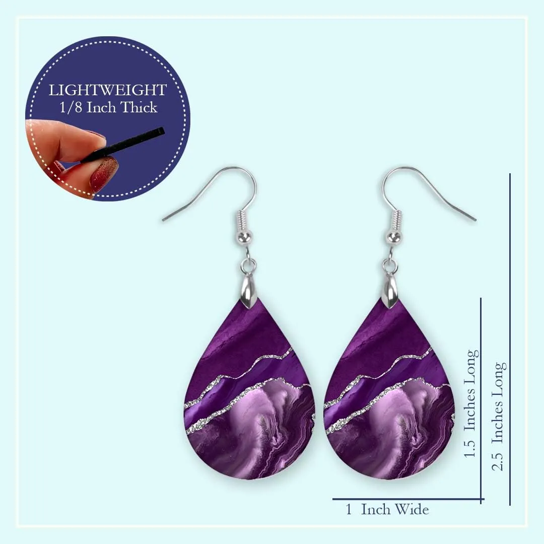 Purple Earrings for Women Dangle Teardrop Gift for Mom Grandma Handmade from The Painted Pug Double Side Image (Lg Purple Silver Teardrop)
