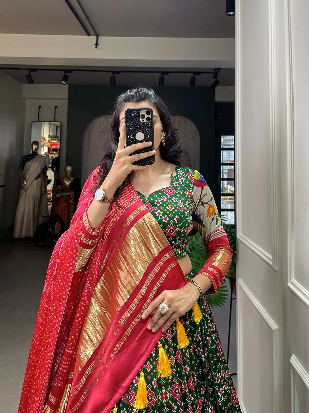 Red Color Digital Printed With Lagadi Patta Gaji Silk Lehenga Choli