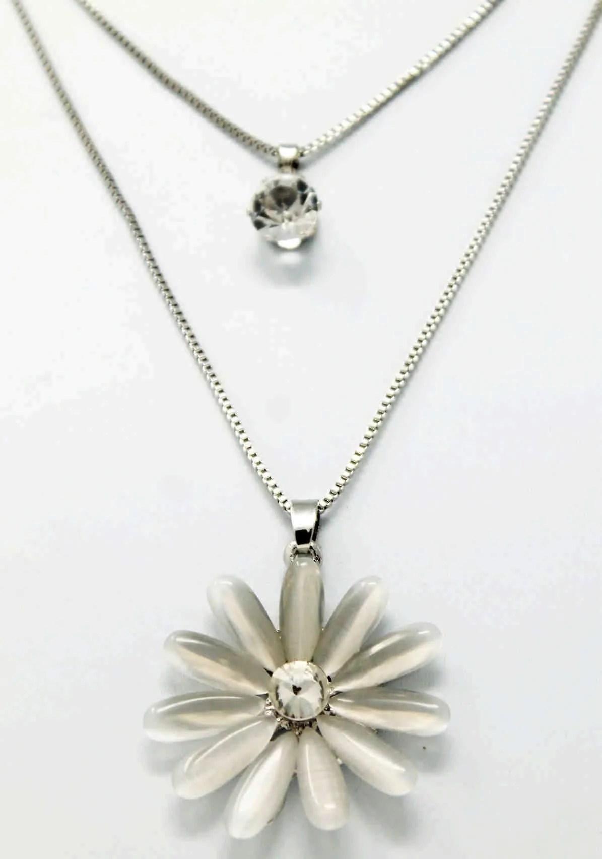Rhinestones Studded Floral Design Imitation Fashion Metal Double Pendant with Long Chain for Girls