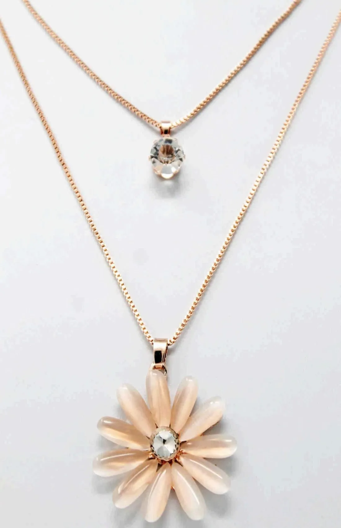 Rhinestones Studded Floral Design Imitation Fashion Metal Double Pendant with Long Chain for Girls