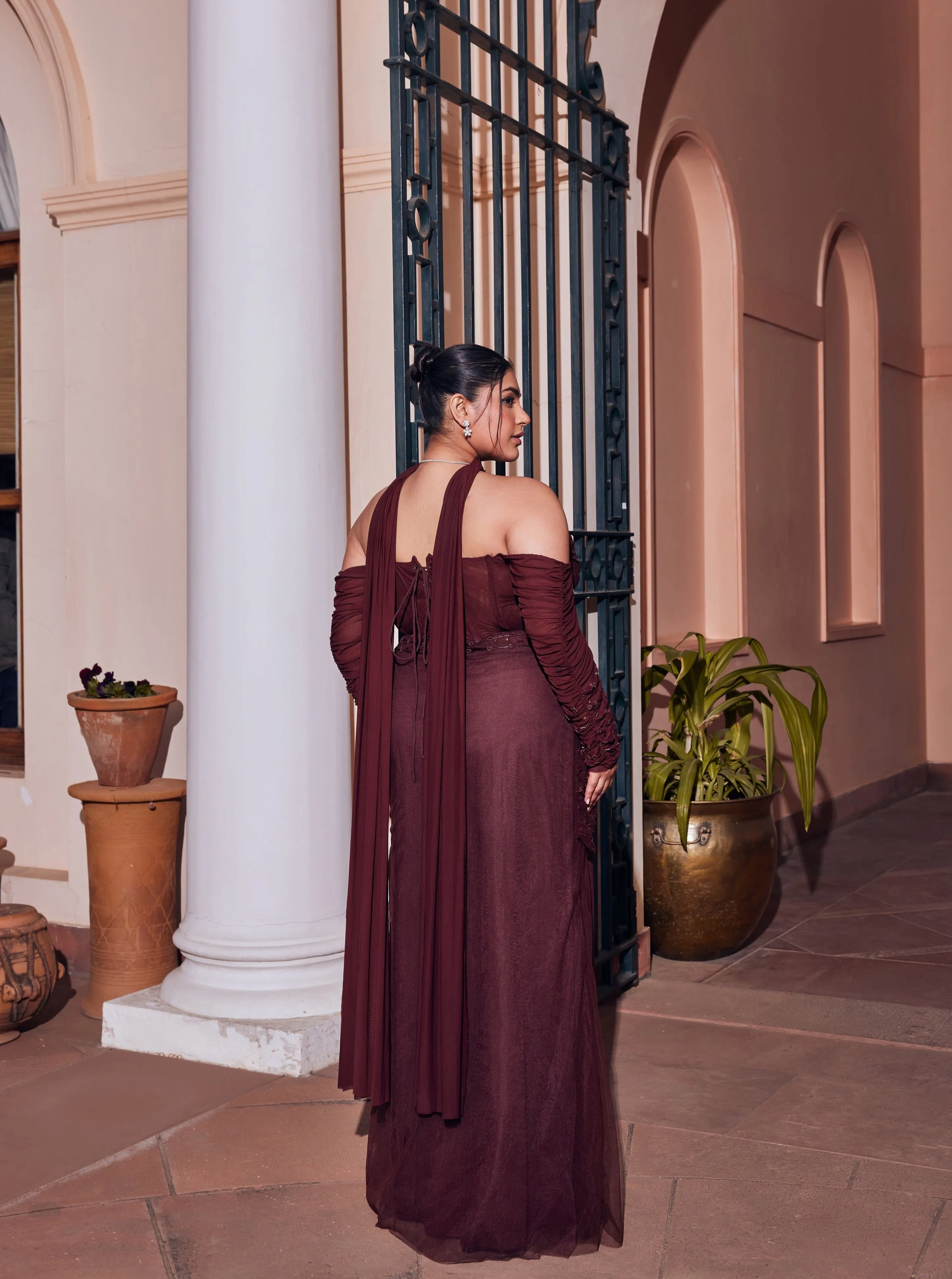 Saira Brown Embroidered Corset Lehenga Set