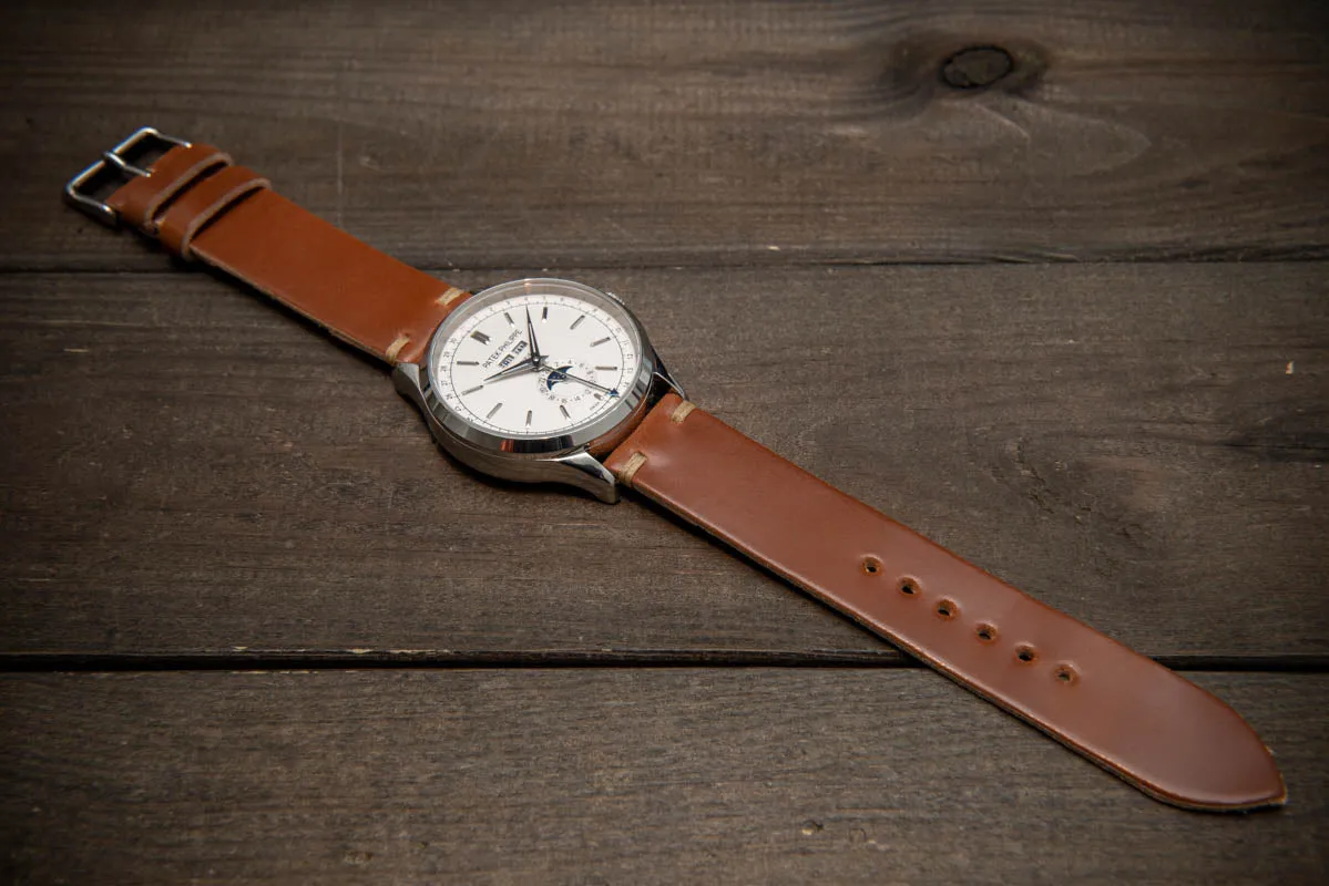 Shell Cordovan Cognac leather watch strap, handmade in Finland. Width 10-26 mm.