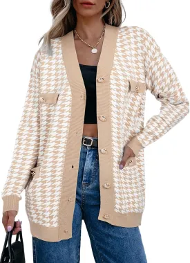 Sidefeel Women's Cardigan Sweaters Open Front Button Down Plaid Chunky Knit Jackets with Pockets