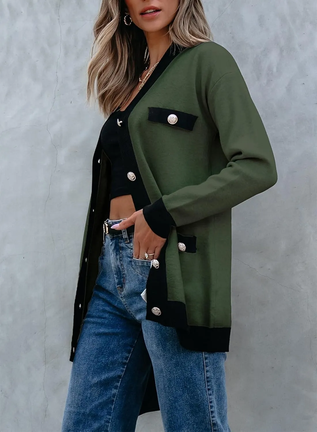 Sidefeel Women's Cardigan Sweaters Open Front Button Down Plaid Chunky Knit Jackets with Pockets