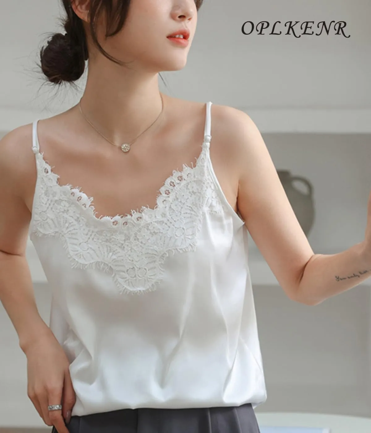 Silk Camisole Tops for Women, Sexy V-Neck Silk Satin Tank Tops Lace Trimmed Camisole