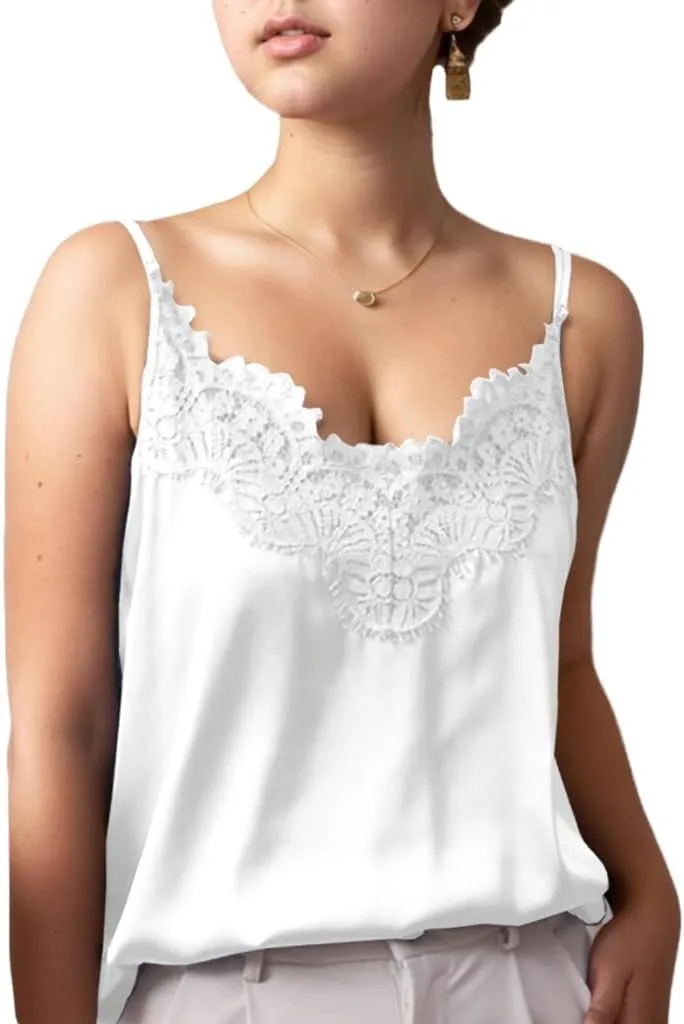 Silk Camisole Tops for Women, Sexy V-Neck Silk Satin Tank Tops Lace Trimmed Camisole