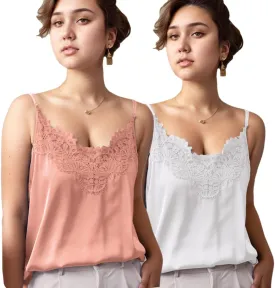 Silk Camisole Tops for Women, Sexy V-Neck Silk Satin Tank Tops Lace Trimmed Camisole