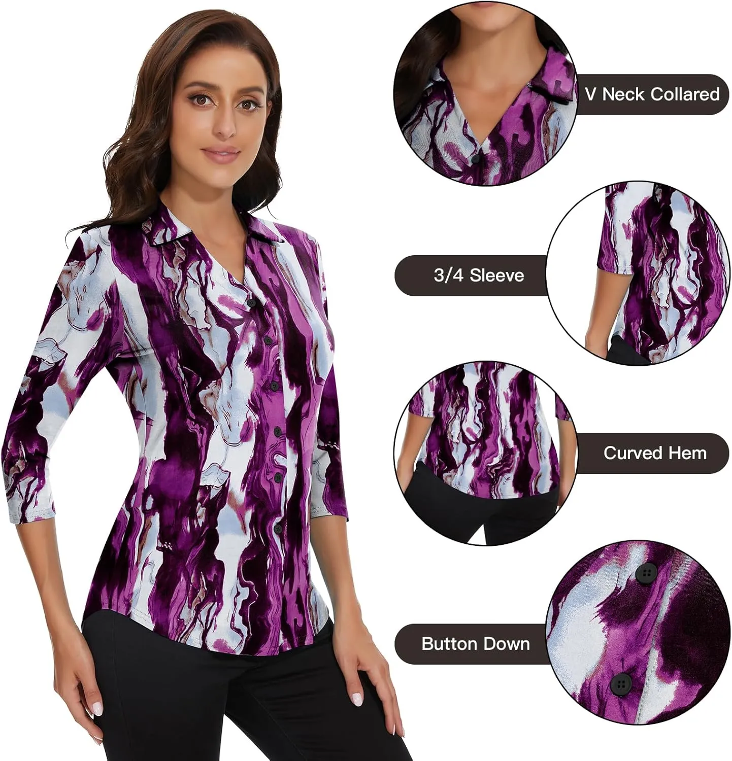 Soneven Womens Golf Polo Shirts 3/4 Long Sleeve V Neck Button Down Shirts Business Causal Work Blouses Tops