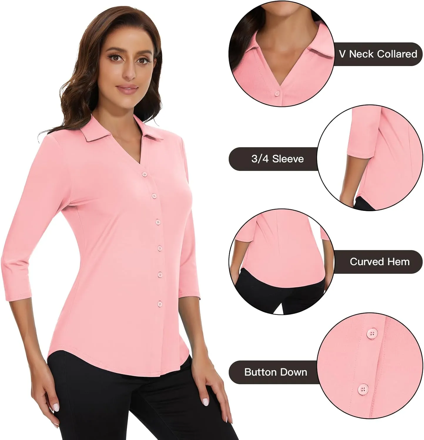 Soneven Womens Golf Polo Shirts 3/4 Long Sleeve V Neck Button Down Shirts Business Causal Work Blouses Tops