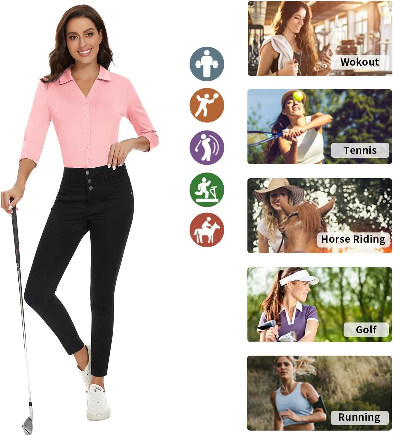 Soneven Womens Golf Polo Shirts 3/4 Long Sleeve V Neck Button Down Shirts Business Causal Work Blouses Tops