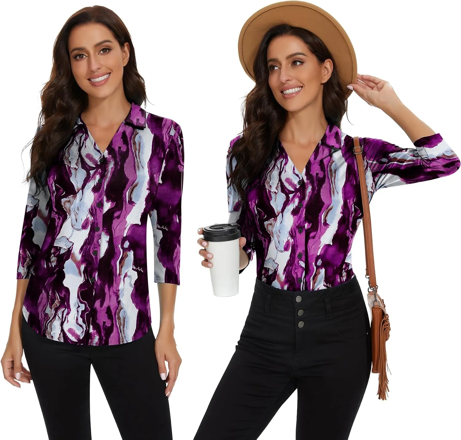 Soneven Womens Golf Polo Shirts 3/4 Long Sleeve V Neck Button Down Shirts Business Causal Work Blouses Tops