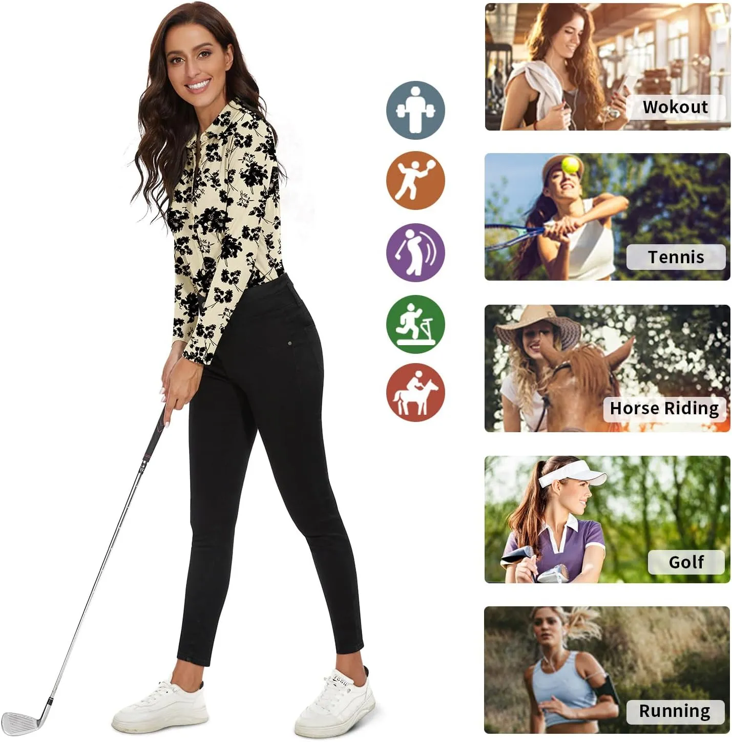 Soneven Womens Golf Polo Shirts 3/4 Long Sleeve V Neck Button Down Shirts Business Causal Work Blouses Tops