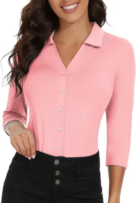 Soneven Womens Golf Polo Shirts 3/4 Long Sleeve V Neck Button Down Shirts Business Causal Work Blouses Tops