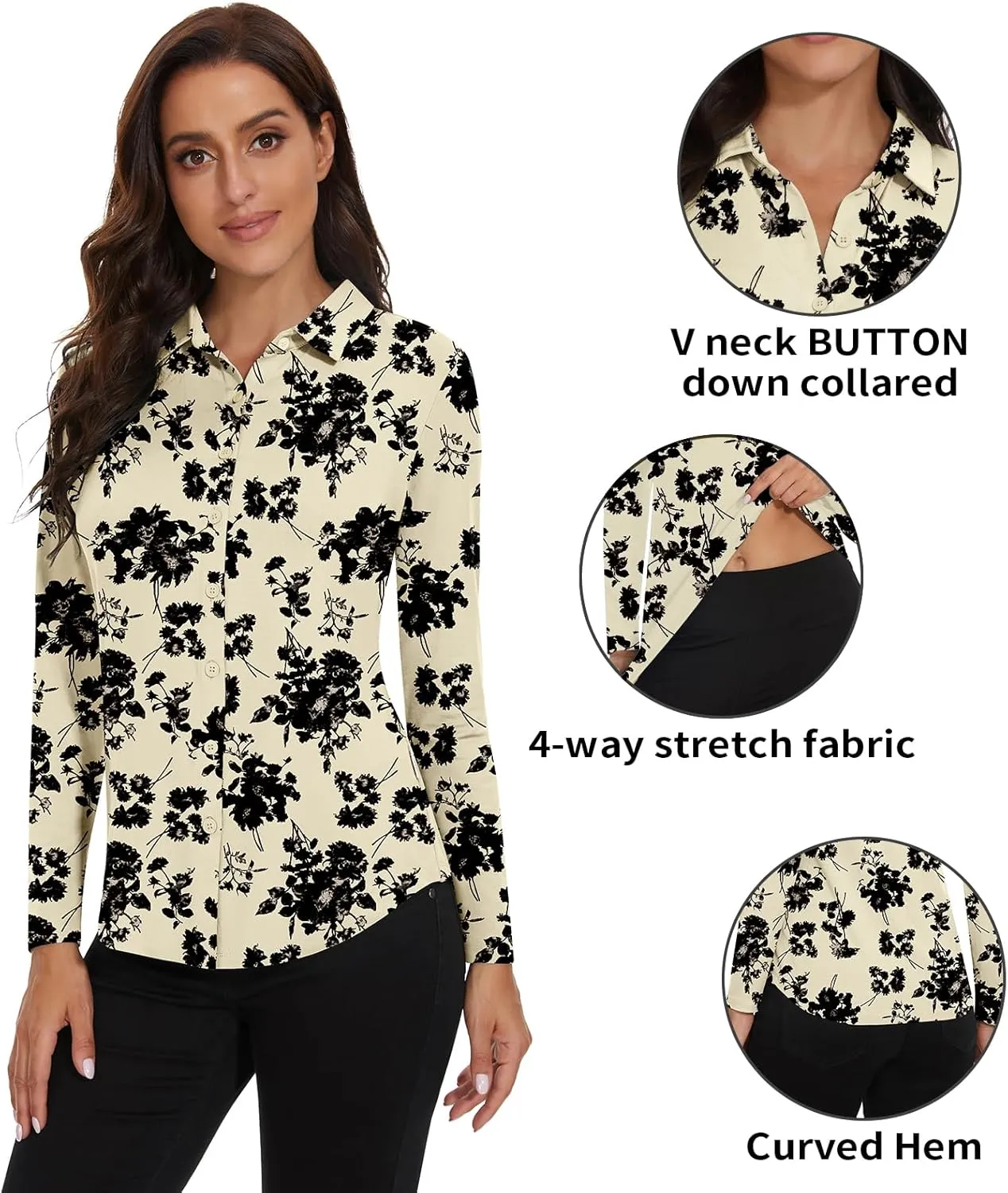 Soneven Womens Golf Polo Shirts 3/4 Long Sleeve V Neck Button Down Shirts Business Causal Work Blouses Tops