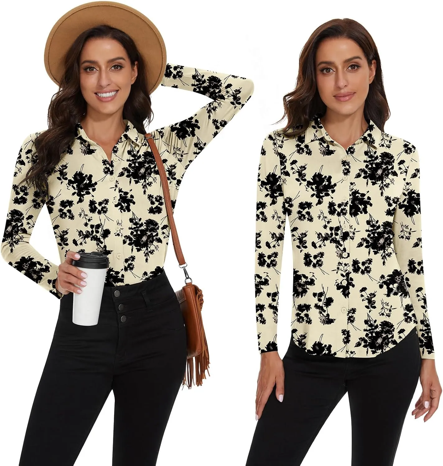 Soneven Womens Golf Polo Shirts 3/4 Long Sleeve V Neck Button Down Shirts Business Causal Work Blouses Tops