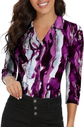 Soneven Womens Golf Polo Shirts 3/4 Long Sleeve V Neck Button Down Shirts Business Causal Work Blouses Tops