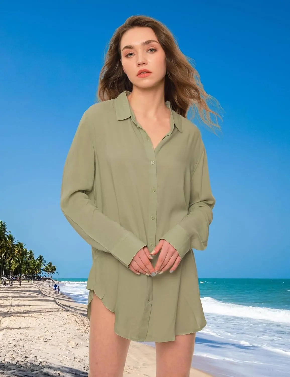TOUSYEA Sleep Shirts for Women Button Down Shirts Long Sleeve Sleepwear Swimsuit Cover Ups Soft Pajama Tops