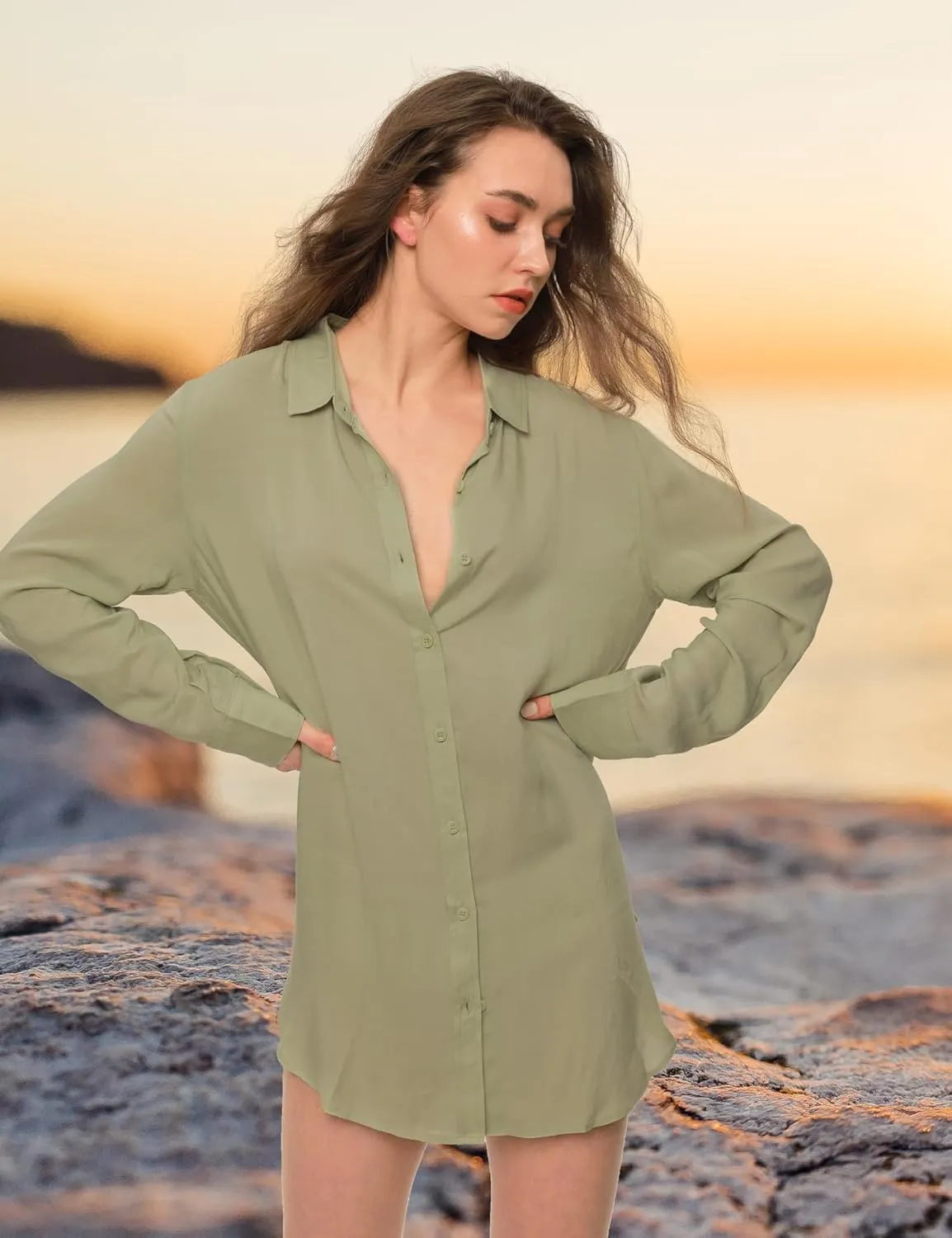 TOUSYEA Sleep Shirts for Women Button Down Shirts Long Sleeve Sleepwear Swimsuit Cover Ups Soft Pajama Tops