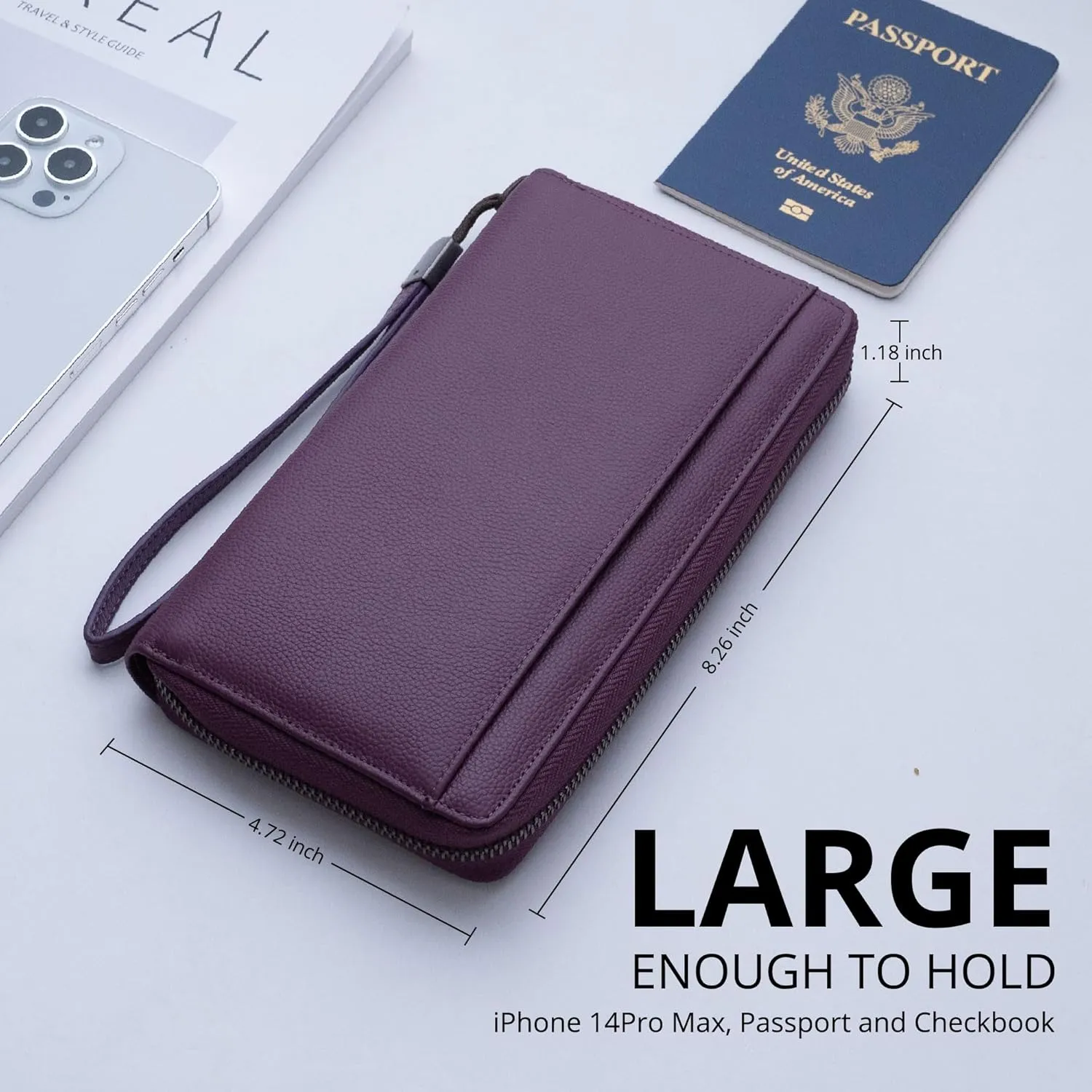 Travel Document Organizer RFID Blocking Leather Multiple Passport Wallet Family Holder Id Wrist Strap(Purple)