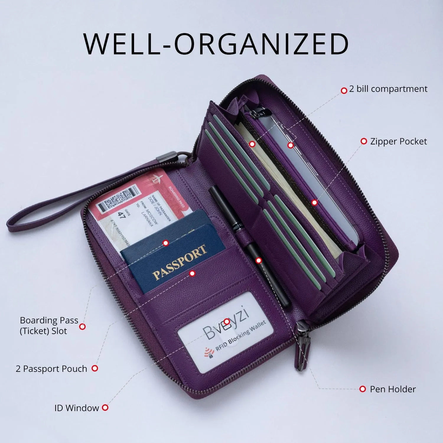 Travel Document Organizer RFID Blocking Leather Multiple Passport Wallet Family Holder Id Wrist Strap(Purple)