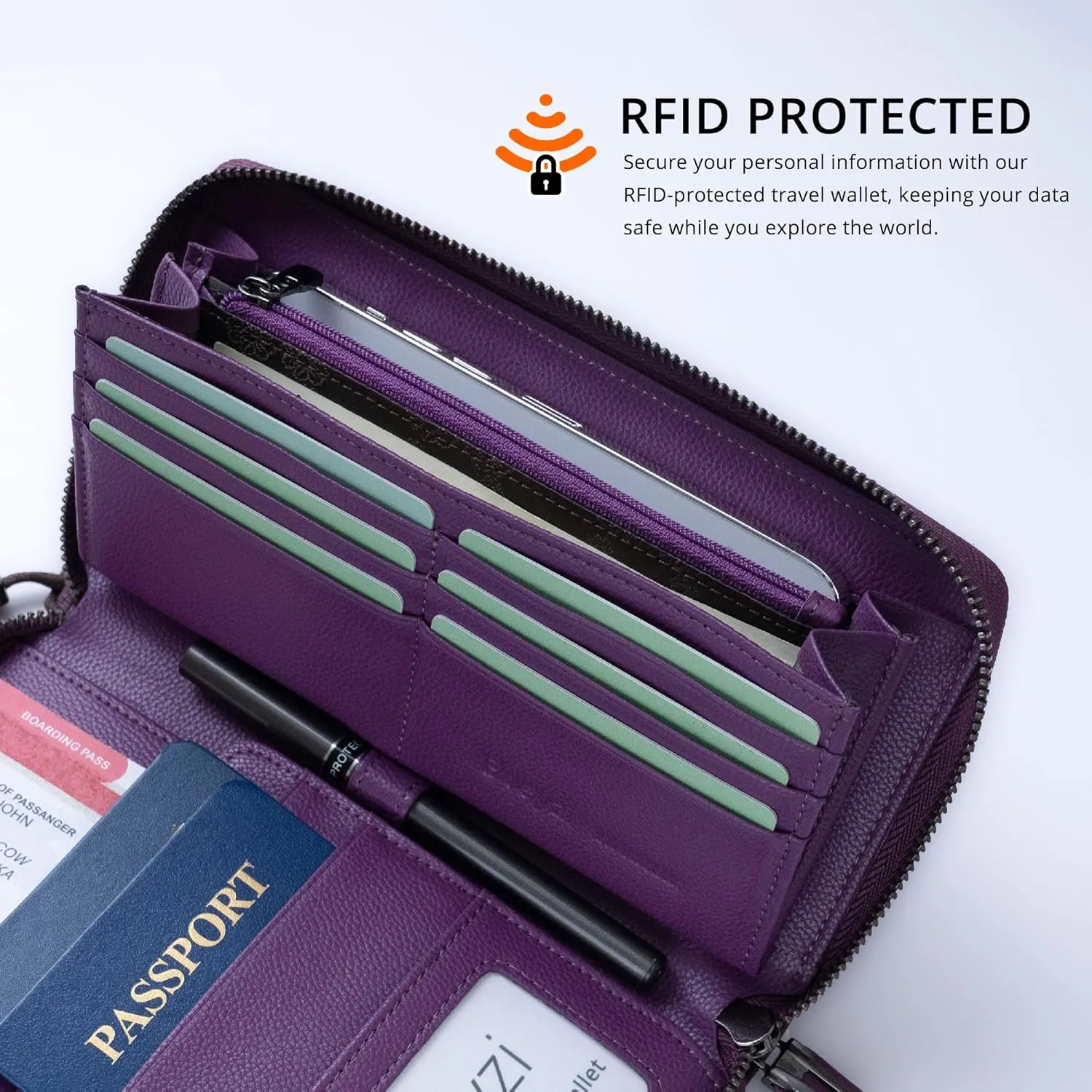 Travel Document Organizer RFID Blocking Leather Multiple Passport Wallet Family Holder Id Wrist Strap(Purple)