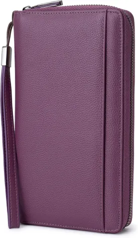 Travel Document Organizer RFID Blocking Leather Multiple Passport Wallet Family Holder Id Wrist Strap(Purple)
