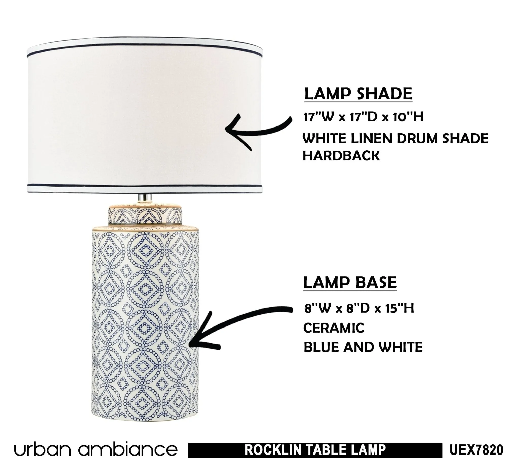 UEX7820 Traditional Table Lamp 17''W x 17''D x 27''H, Blue and White Finish, Rocklin Collection