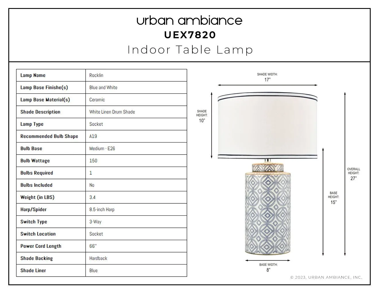 UEX7820 Traditional Table Lamp 17''W x 17''D x 27''H, Blue and White Finish, Rocklin Collection