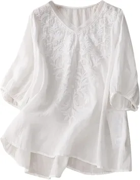 Vintage Mexican Embroidered Shirts for Women Summer Short Sleeve Cotton Linen Gauze Tops Casual V Neck Boho Blouse