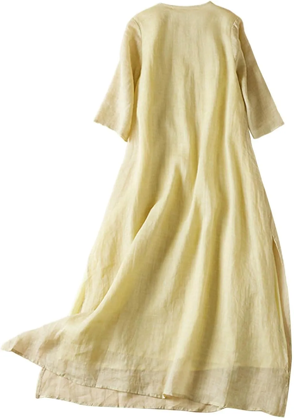 Women Bohemian Cotton Linen Dresses 3/4 Sleeve Maxi Long Dress Plain Classic Dresses Trendy Boho Dresses with Belt