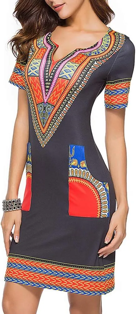 Womens African Attir Bohemian Dashiki Traditional Tribal Vintage Ethnic Midi Dresses