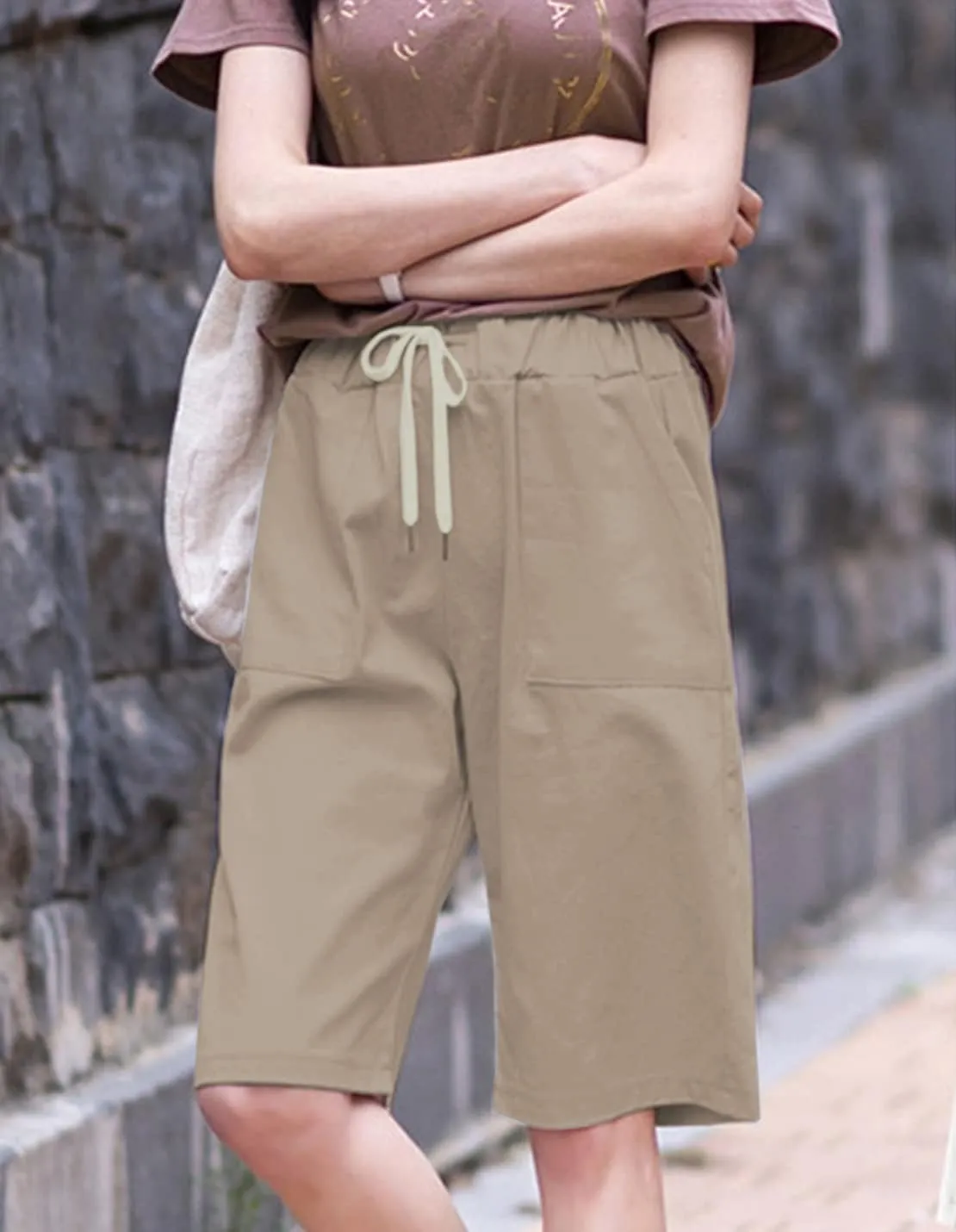 Women's Casual Drawstring Elastic Waist Cotton Baggy Comfy Beach Bermuda Shorts