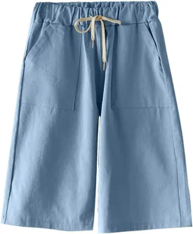 Women's Casual Drawstring Elastic Waist Cotton Baggy Comfy Beach Bermuda Shorts