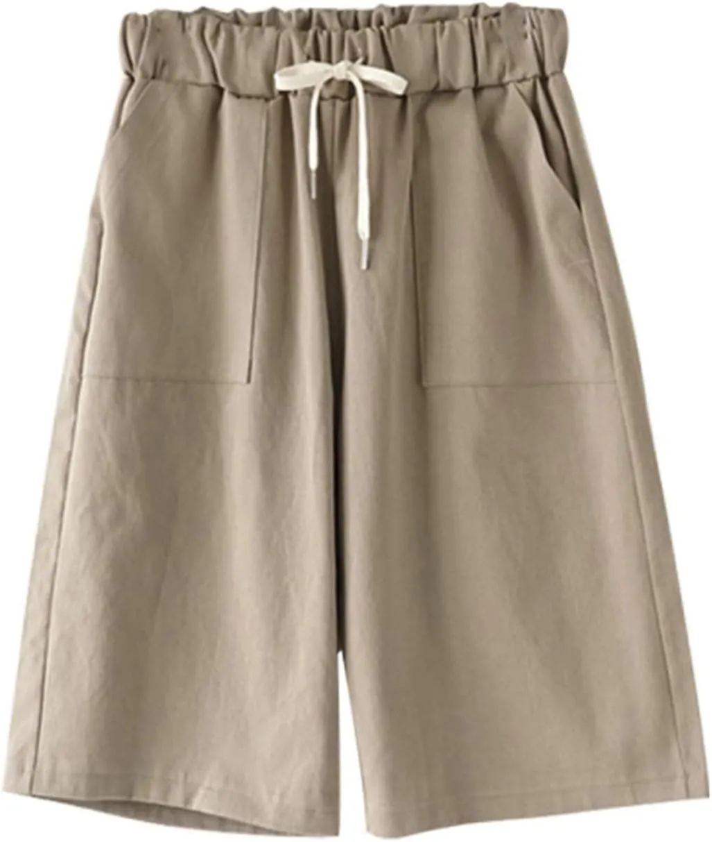 Women's Casual Drawstring Elastic Waist Cotton Baggy Comfy Beach Bermuda Shorts