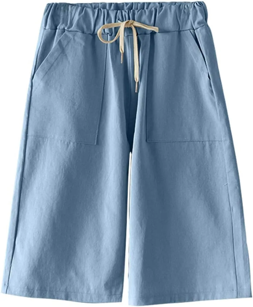 Women's Casual Drawstring Elastic Waist Cotton Baggy Comfy Beach Bermuda Shorts