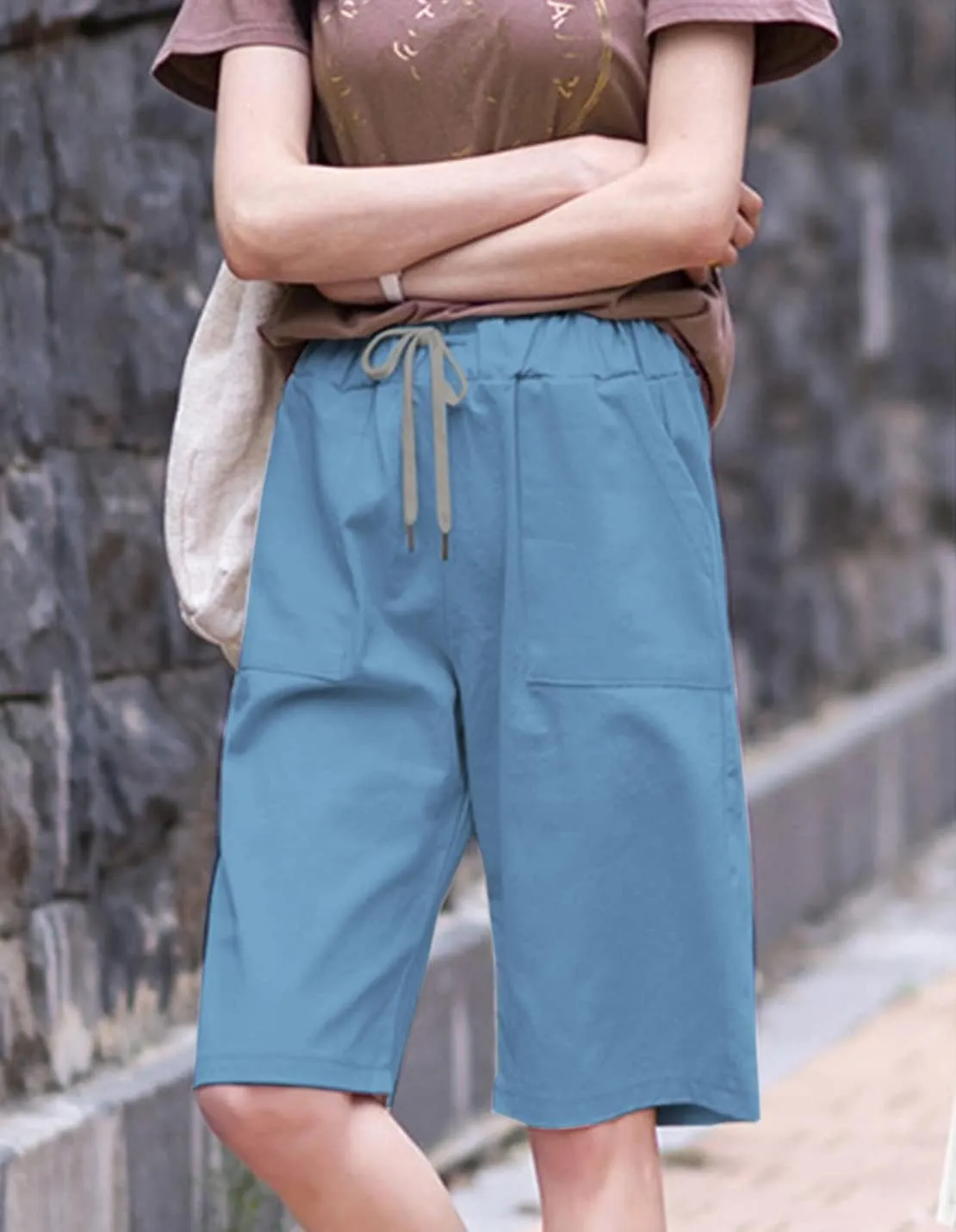 Women's Casual Drawstring Elastic Waist Cotton Baggy Comfy Beach Bermuda Shorts