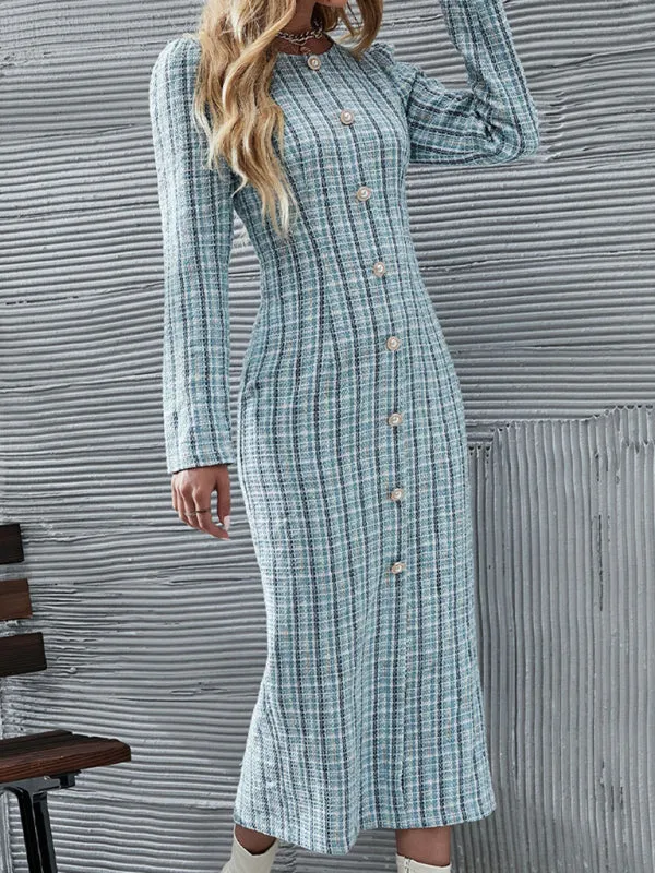 Women's Checkered Print Long Length Fitted Dress